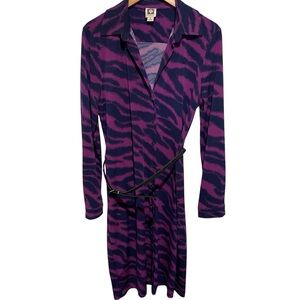 Anne Klein Purple & Black Long Sleeve Button Down Midi Dress w/‎ Belt Size M